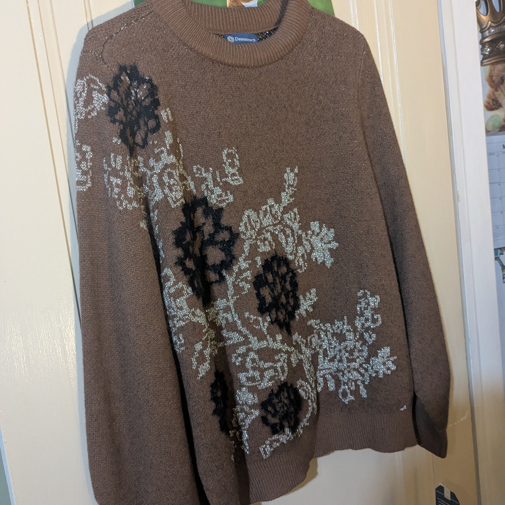 Democracy Brown Crewneck Sweater with Black & Cream Floral Jacquard